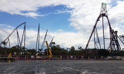 Track comes down from the second highest point on DC Rivals HyperCoaster. Track comes down from DC Rivals HyperCoaster during annual maintenance